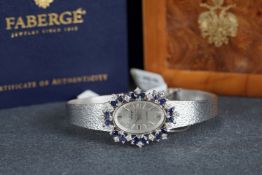 LADIES FABERGE SAPPHIRE & DIAMOND SET 18CT WHITE GOLD LTD EDITION WRISTWATCH W/ BOX & PAPERS REF