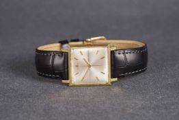 VINTAGE 18CT JAEGER-LECOULTRE REFERENCE 1900, square quarted dial with gold baton hour markers,