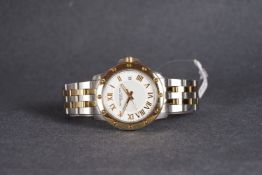 GENTLEMENS RAYMOND WEIL DATE WRISTWATCH, circular two tone dial with gold roman numerals and