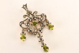 Chandelier-Style Pendant, set with peridots, diamonds and seed pearls, approximate total length 5cm,