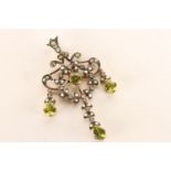 Chandelier-Style Pendant, set with peridots, diamonds and seed pearls, approximate total length 5cm,