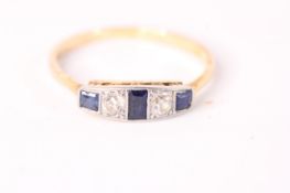 Early 20th C Sapphire and Diamond ring, three square cut sapphires, diamond spacers, in 18ct and