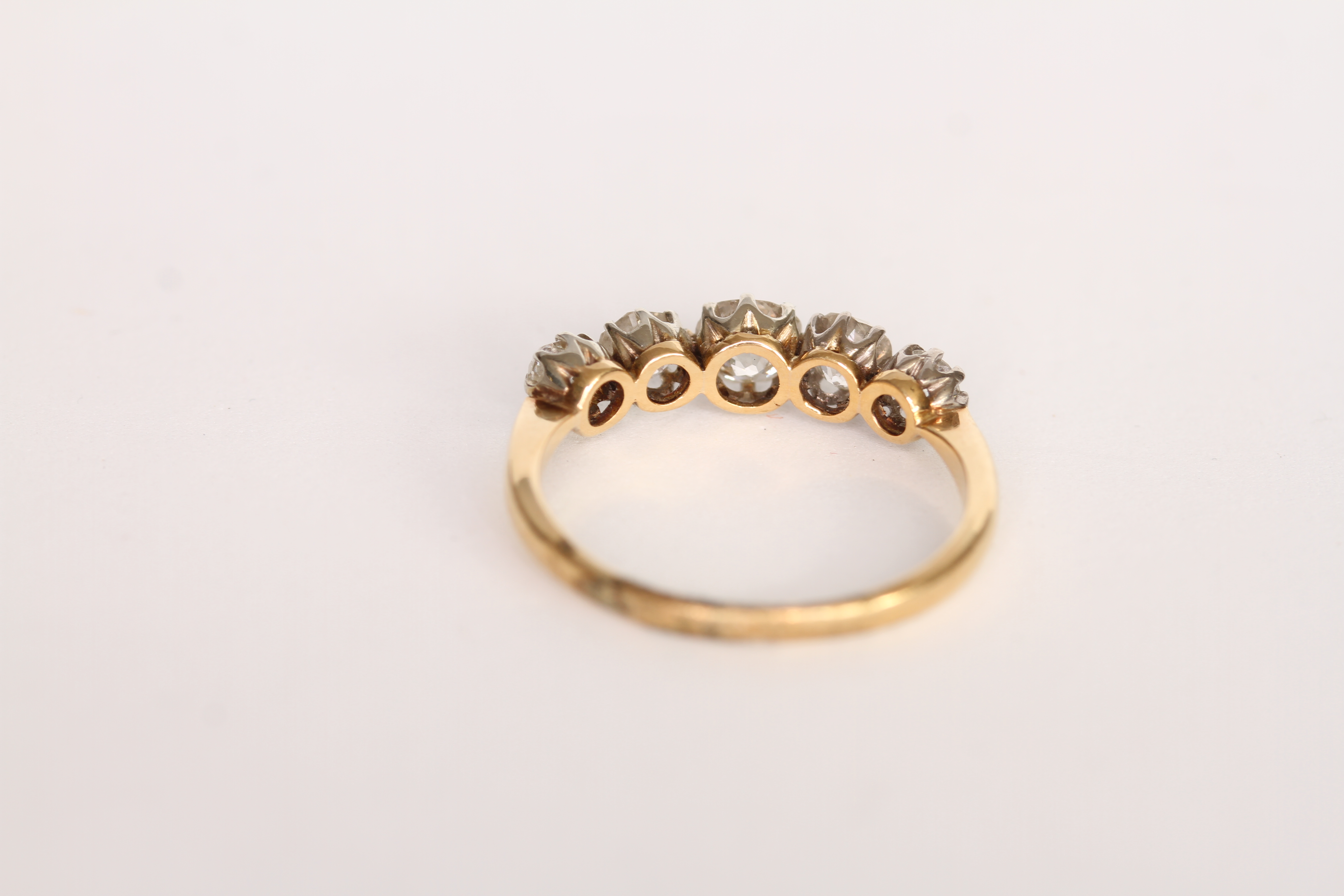 Early 20th C Old Cut Diamond Five Stone Ring, five graduated old cut diamonds, approximately 0.9/0. - Image 3 of 4