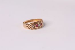 Victorian 15ct Ruby and pearl set band, hallmarked chester 15ct 1888, 2.6g