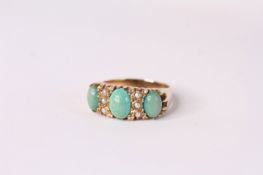 Turquoise and Pearl half hoop ring, three cabochon turquoise , spaced with seed pearls, tested as