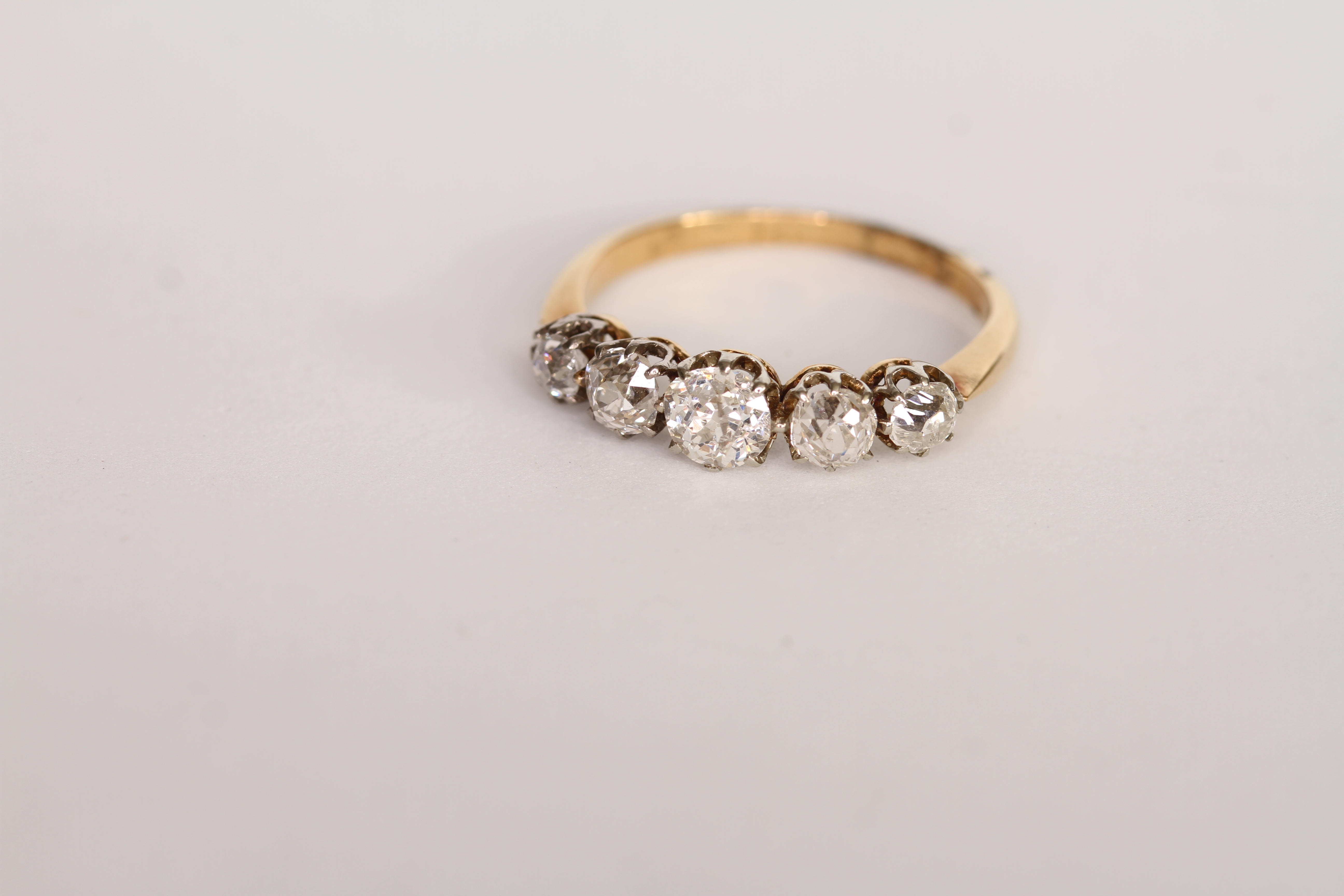 Early 20th C Old Cut Diamond Five Stone Ring, five graduated old cut diamonds, approximately 0.9/0. - Image 4 of 4