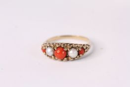 Pearl and Coral half hoop ring, in 9ct, 2.7g