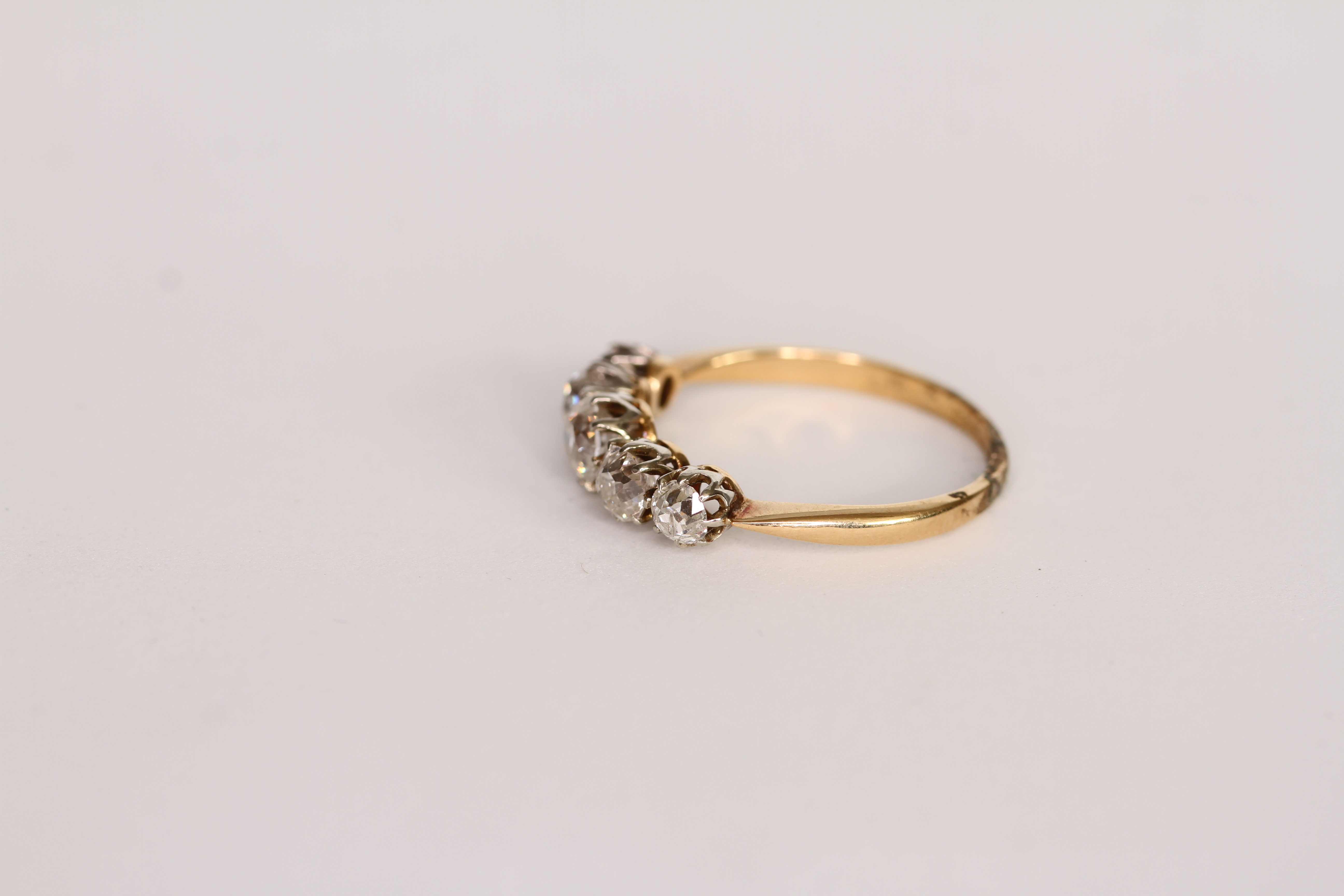 Early 20th C Old Cut Diamond Five Stone Ring, five graduated old cut diamonds, approximately 0.9/0. - Image 2 of 4