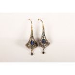 Pair of Sapphire and Diamond Flared-Design Drop Earrings, set with sapphires and diamonds, fish hook