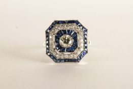 Sapphire and Diamond Ring, square shaped with chamfered corners, centre set with a round brilliant