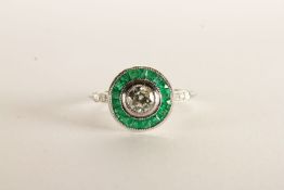 Emerald and Diamond Target Style Ring, centre round brilliant cut diamond approximately 0.44ct,