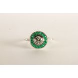 Emerald and Diamond Target Style Ring, centre round brilliant cut diamond approximately 0.44ct,