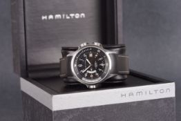 GENTLEMENS HAMILTON KHAKI AUTOMATIC GMT WRISTWATCH W/ BOX, circular black dial with cream arabic