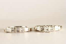 2 x Diamond Rings, Ring 1 - set with 3 princess cut diamonds and 4 tapered baguette cut diamonds,