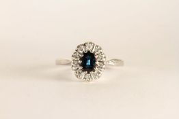 Sapphire and Diamond Cluster Ring, stamped 18ct white gold, finger size N.