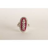 Elongated Ruby and Diamond Ring, set with old cut and round brilliant cut diamonds, set with