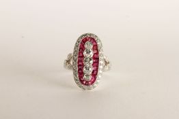 Elongated Ruby and Diamond Ring, set with old cut and round brilliant cut diamonds, set with