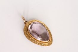 Vintage Amethyst pear drop pendant, 17.5x 12.5mm pear cut Amethyst, engraved gold border, tested