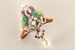 Two Birds Brooch/Pendant, set with pearls, rubies and marcasites, inlaid with enamel, sterling