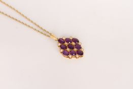 Amethyst and pearl panel pendant and chain, 9 oval cut amethyst set with pearl details, hallmarked