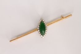 Jade and diamond bar brooch, marquise cabochon of Jade 17.2x7.3mm, a cluster of round cut