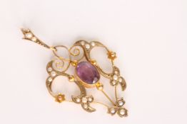 Amethyst and Pearl Art Nouveau drop pendant, oval Amethyst, pearl detail, wire work scrolls, stamped