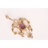 Amethyst and Pearl Art Nouveau drop pendant, oval Amethyst, pearl detail, wire work scrolls, stamped