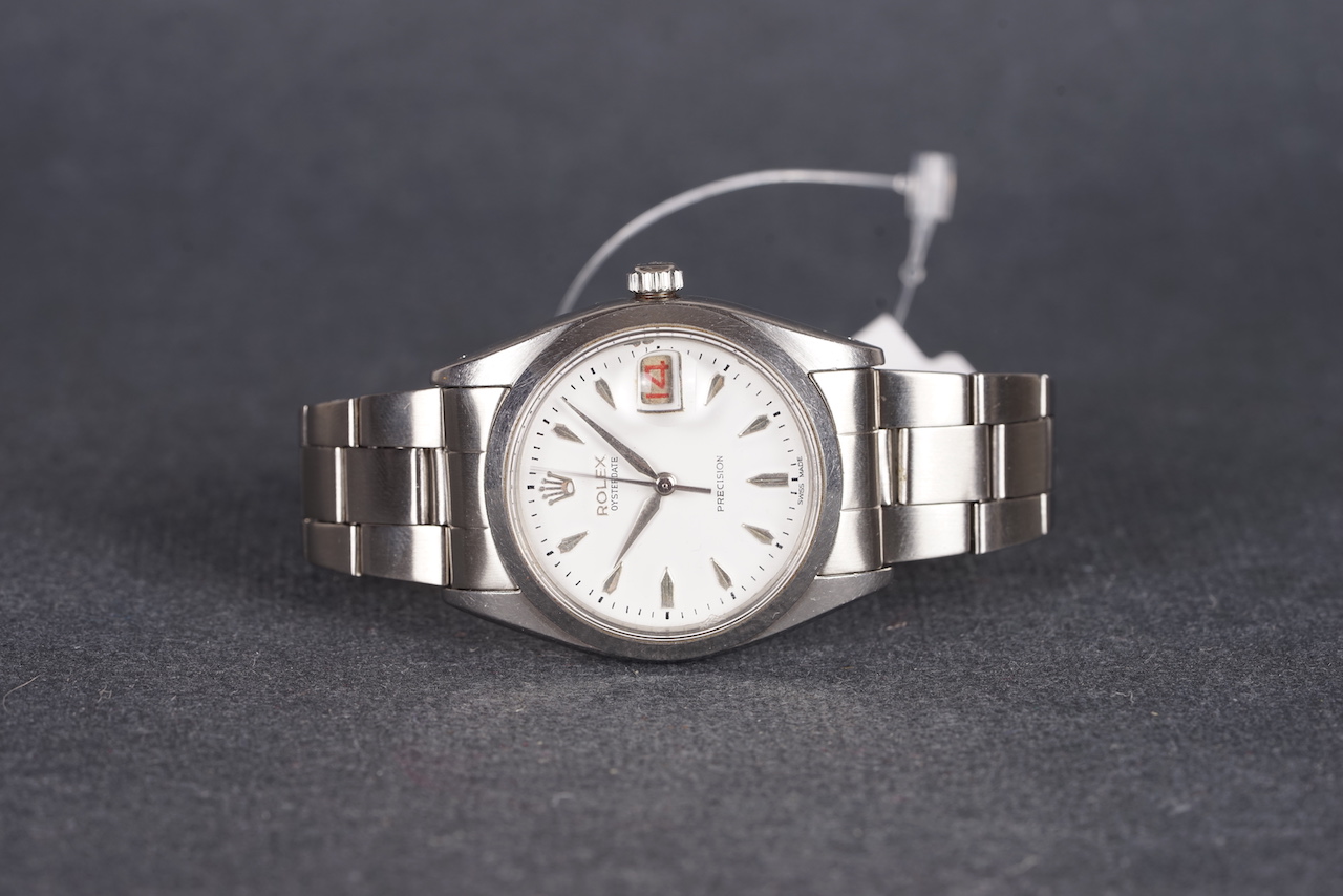 GENTLEMENS ROLEX OYSTERDATE PRECISION 'ROULETTE' WRISTWATCH REF. 6694, circular white dial with