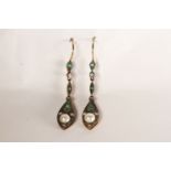 Pair of Emerald, Diamond and Pearl Drop Earrings, fish hook backs, approximate drop length 39mm,