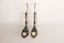 Pair of Emerald, Diamond and Pearl Drop Earrings, fish hook backs, approximate drop length 39mm,