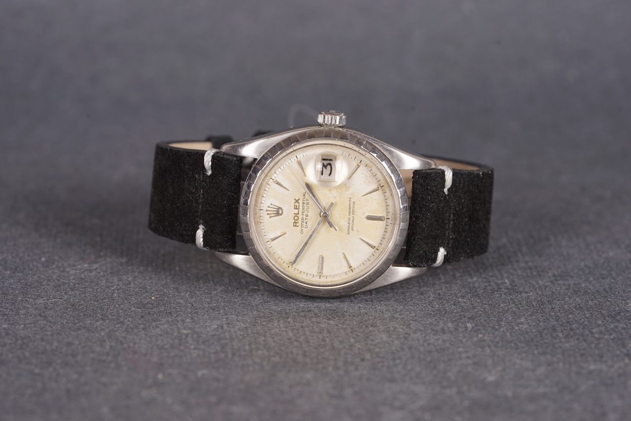 GENTLEMENS ROLEX OYSTER PERPETUAL DATEJUST WRISTWATCH REF. 6605 CIRCA 1959, circular patina dial