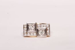 Geometric Art Deco-Style Diamond Ring, set with 2 old cut diamonds