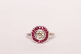 Target-Style Ruby and Diamond Ring, set with a central old cut diamond