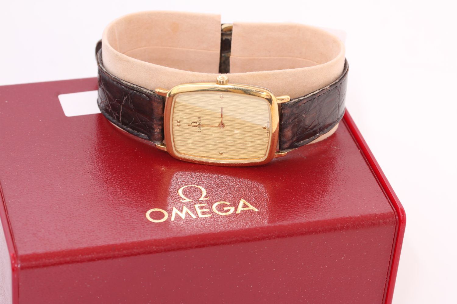 Vintage Omega De Ville Quartz rectangular cushion case, pin stripe champagne dial, brown leather - Image 3 of 3