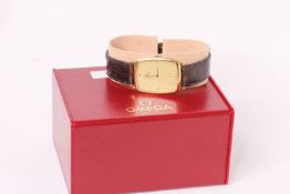 Vintage Omega De Ville Quartz rectangular cushion case, pin stripe champagne dial, brown leather