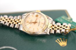 MID-SIZE VINTAGE ROLEX DATEJUST REFERENCE 68273 W/BOX, circular silver dial with applied baton