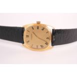 VINTAGE LONGINES DRESS WATCH, gilt dial with roman numerals, gold plated cushion case, black leather