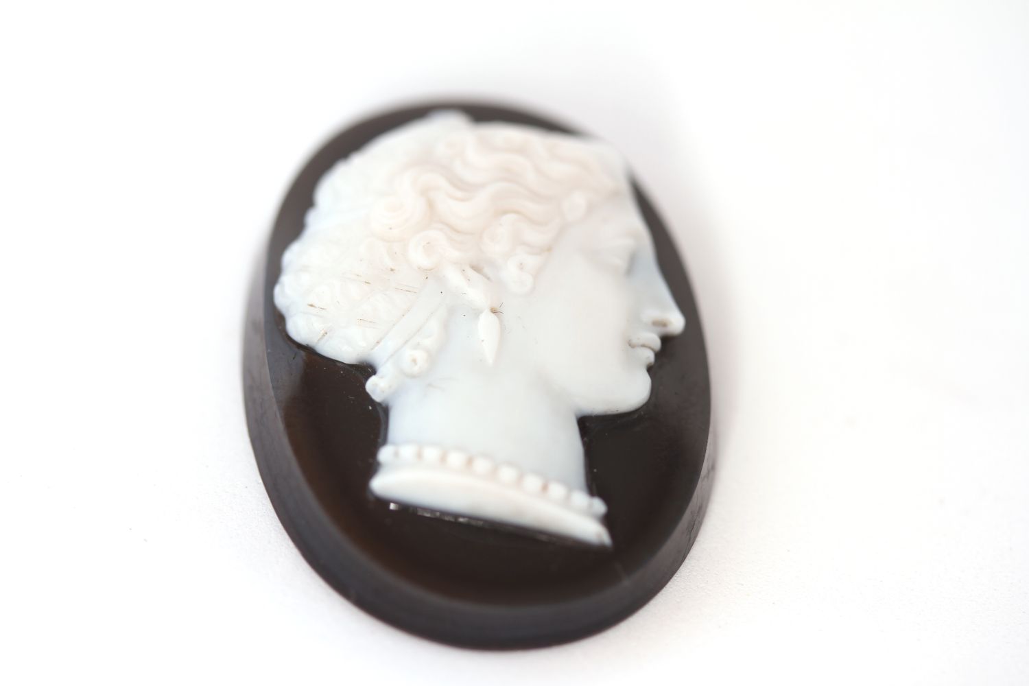 Vintage hardstone cameo black and white onyx cameo of female, approximately 33 x 23 mm