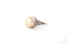 Art Deco Pearl and Diamond ring, large 13mm pearl set within a fine old cut diamond and rose cut