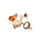 Miscellaneous items including, paste stone tie pin, cameo brooch, gold plated locket, swivel fob and