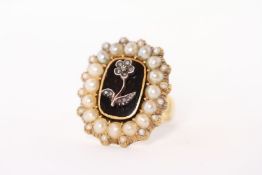 Victorian Mourning Ring, central rose cut diamond flower to Onyx base, border of seed pearls,