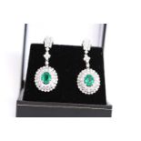 Oval Cut Emerald and Diamond Cluster Drop Earrings