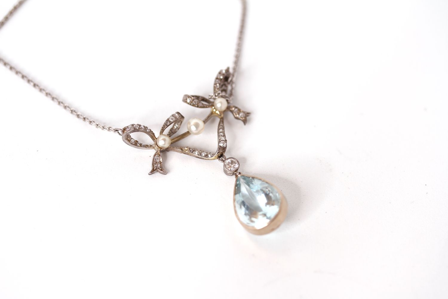 Aquamarine Diamond and Pearl Drop Necklace, large pear cut aquamarine suspended from a diamond and - Image 2 of 2