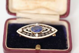 Early 20th C Fine Sapphire and Enamel Brooch, central cushion cut sapphire, approximately 11 x 9.