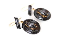 Onyx bug drop earrings, overall banded onyx panels each set with a matching onyx bug suspended