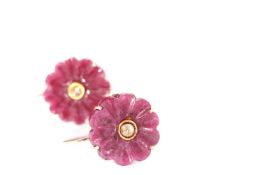 Diamond and corundum carved flower earrings, carved floral red corundum, approximately 16 mm