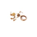 Misc gold items, earrings, band and a tooth cap, 10.2g gross