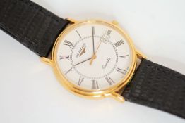 GENTLEMEN'S LONGINES QUARTZ DRESS WATCH, circular white dial with Black Roman numerals, gold