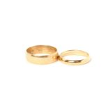 2x wedding bands, one hallmarked 18ct, marked Albion, 4g the other in yellow gold tested as 9ct or
