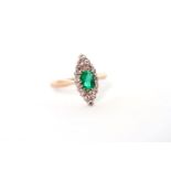 Victorian Emerald and Rose Cut Diamond Marquise Panel RIng, central rectangular cushion cut